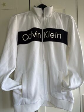 Calvin Klein Men’s White Zip-Up Jacket with Black Logo Panel, Large